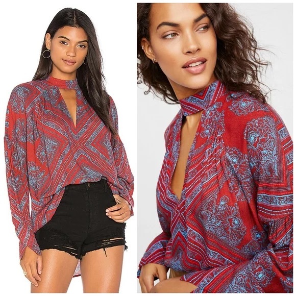 Free People Tops - Free People Walking on a Dream Cut out Chocker Tunic Top Red & Blue Size Small